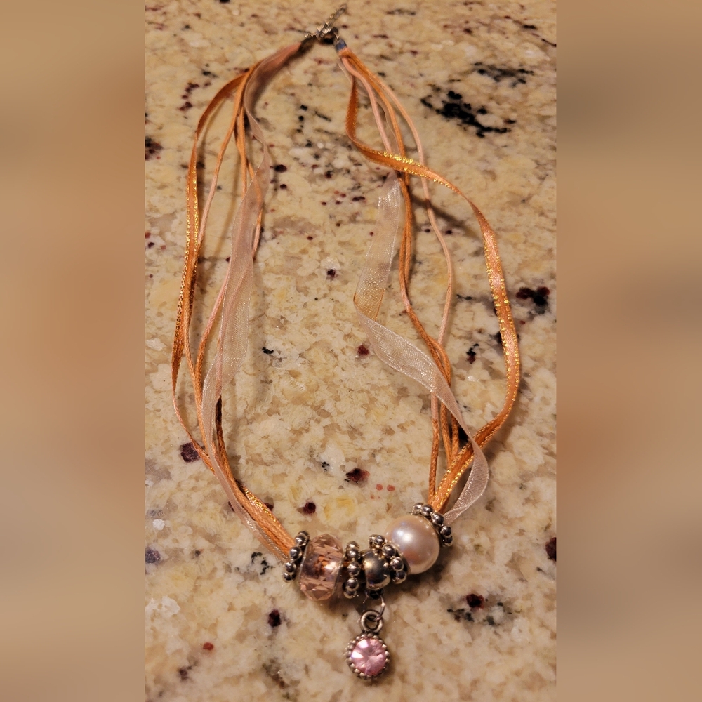 Pink and Gold Ribbon Necklace